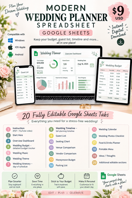 Modern Wedding Planner Spreadsheet – Google Sheets